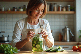 Femme en tablier scelle un bocal de légumes