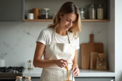 Femme versant un liquide dans une balance de cuisine pour convertir des centilitres en grammes