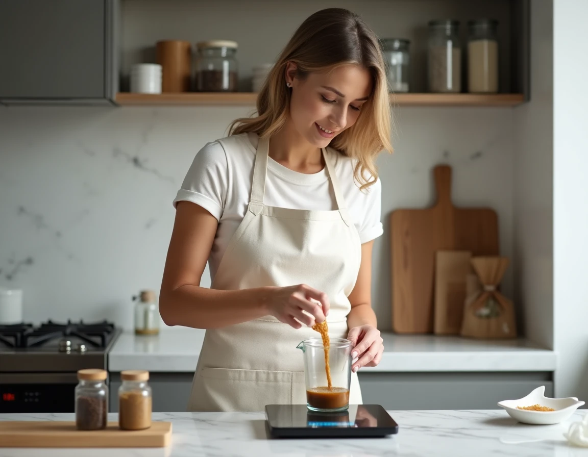 Femme versant un liquide dans une balance de cuisine pour convertir des centilitres en grammes
