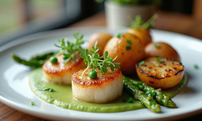 Coquilles seichees sur assiette avec purée verte et légumes