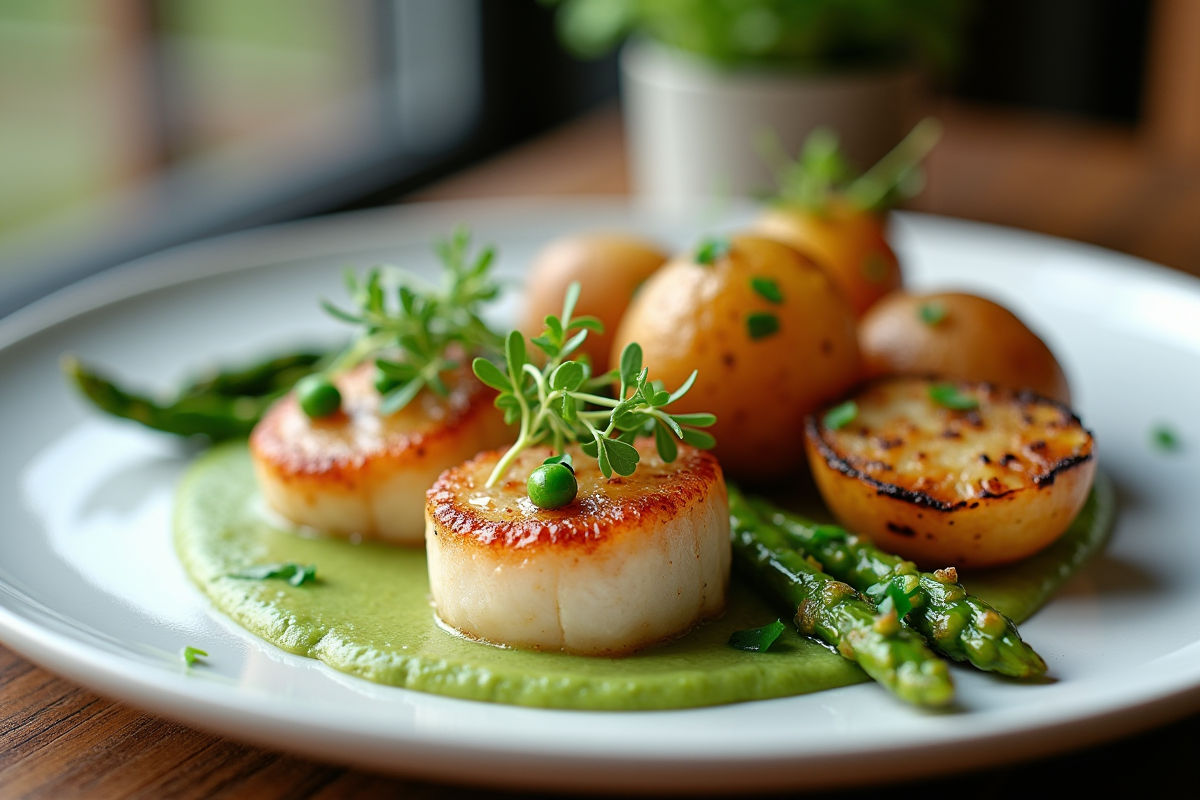 Coquilles seichees sur assiette avec purée verte et légumes