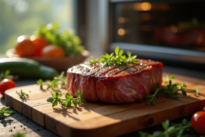 Steak cuit à la vapeur reposant sur une planche en bois avec herbes