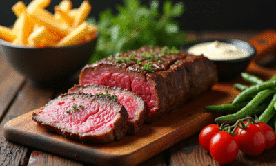 Côte de boeuf tranchée sur planche en bois rustique