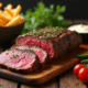Côte de boeuf tranchée sur planche en bois rustique