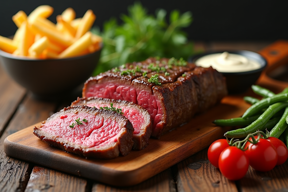 Côte de boeuf tranchée sur planche en bois rustique