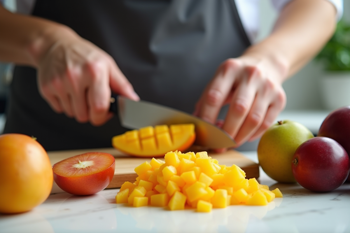 Chef coupant des fruits M comme mangosteen et mirabelle