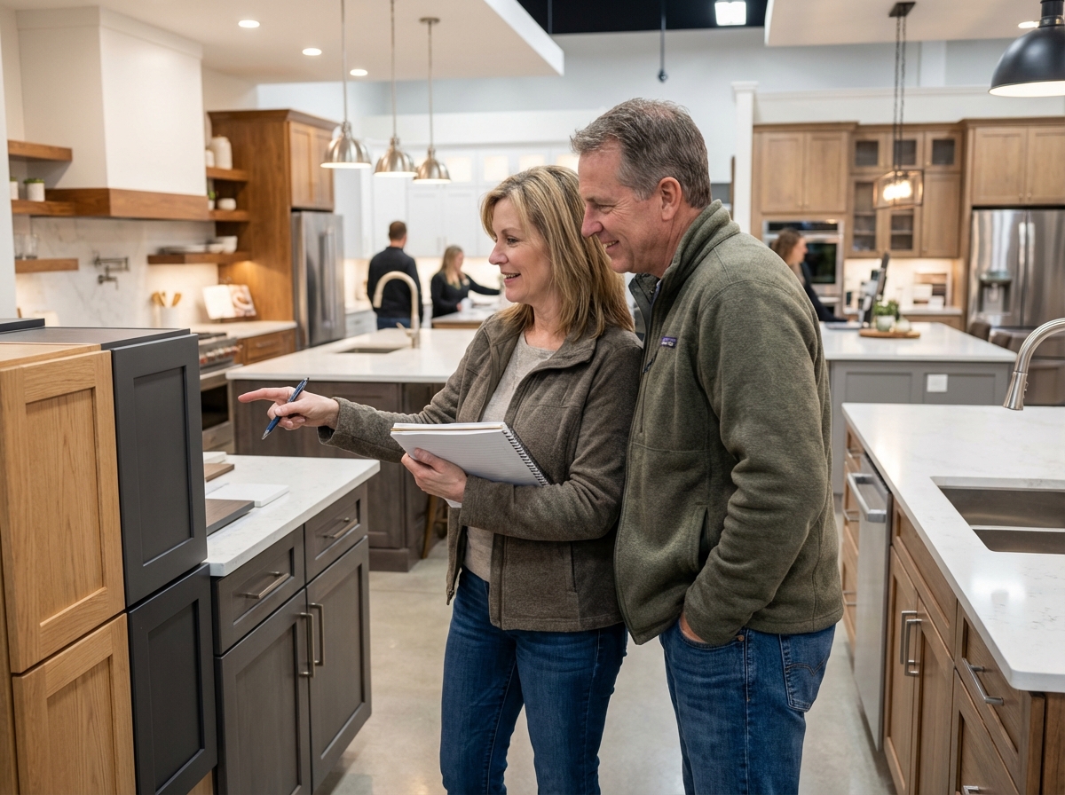 Couple discutant de choix de cuisines en showroom