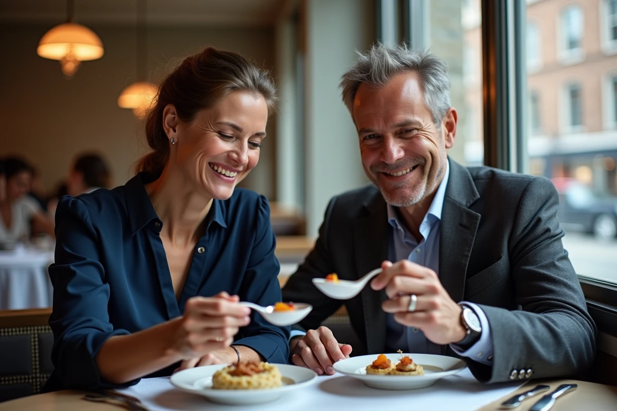 Couple savourant un dîner gastronomique dans un restaurant étoilé à Lille avec vue sur la rue