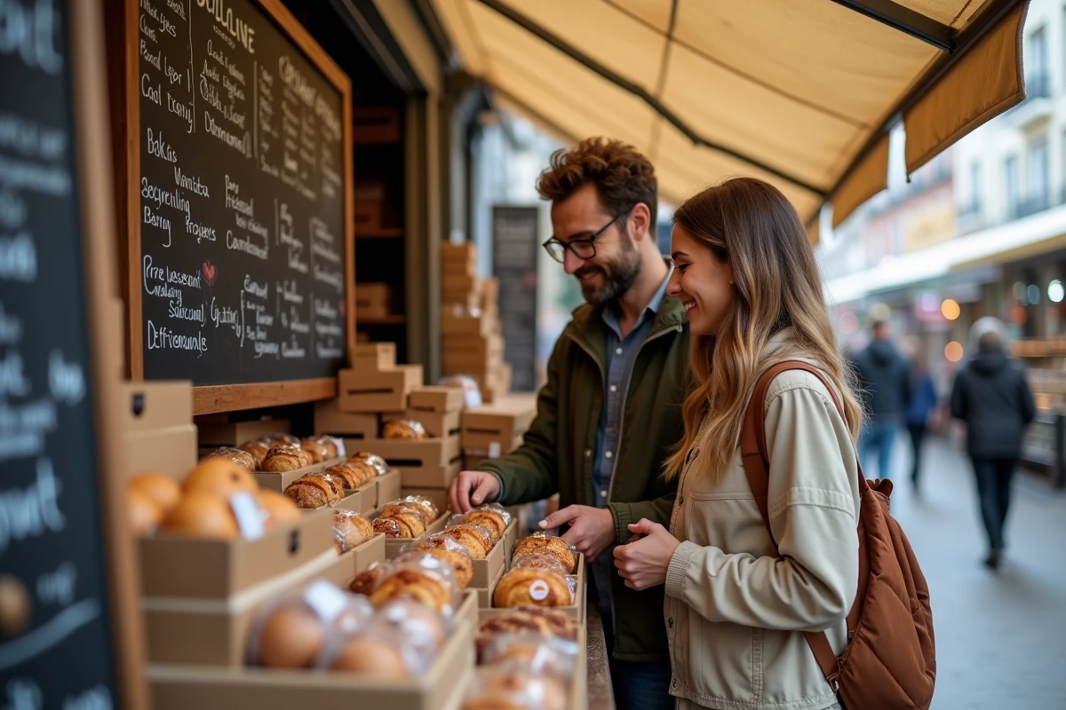 Couple examinant les produits d'un stand anti-gaspillage sur un marché de rue avec une ardoise de prix réduits en fin de journée