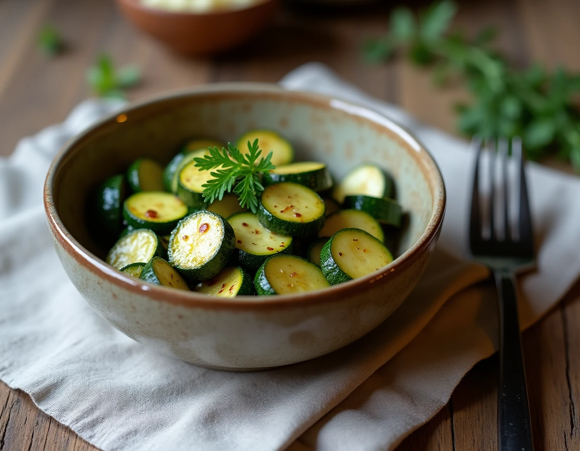 Bol de courgettes poêlées sans eau ni bouillie, bien dorées et garnies d'herbes fraîches sur une table en chêne