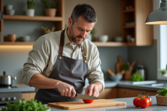 Homme testant un couteau de cuisine sur une tomate dans une cuisine moderne