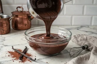 Crème pâtissière au chocolat versée dans un bol en verre sur un plan de travail en marbre dans une cuisine pâtissière française traditionnelle