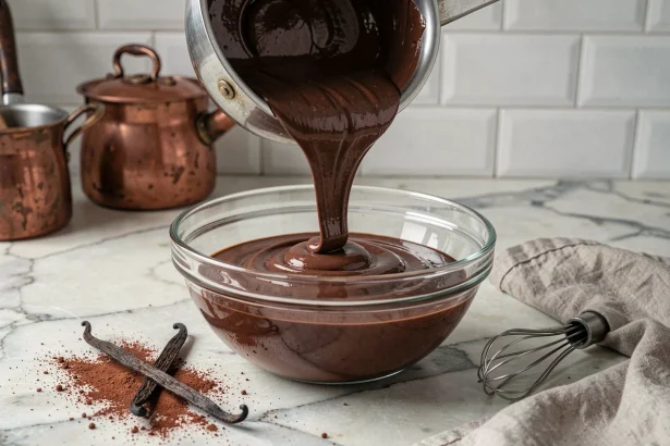 Crème pâtissière au chocolat versée dans un bol en verre sur un plan de travail en marbre dans une cuisine pâtissière française traditionnelle