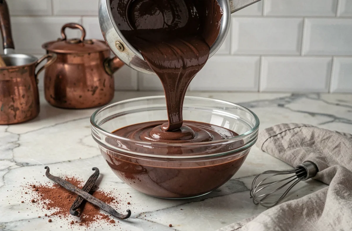 Crème pâtissière au chocolat versée dans un bol en verre sur un plan de travail en marbre dans une cuisine pâtissière française traditionnelle
