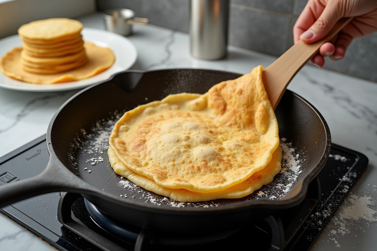 Crêpe épaisse dorée soulevée par une spatule en bois dans une poêle en fonte sur une cuisinière à gaz