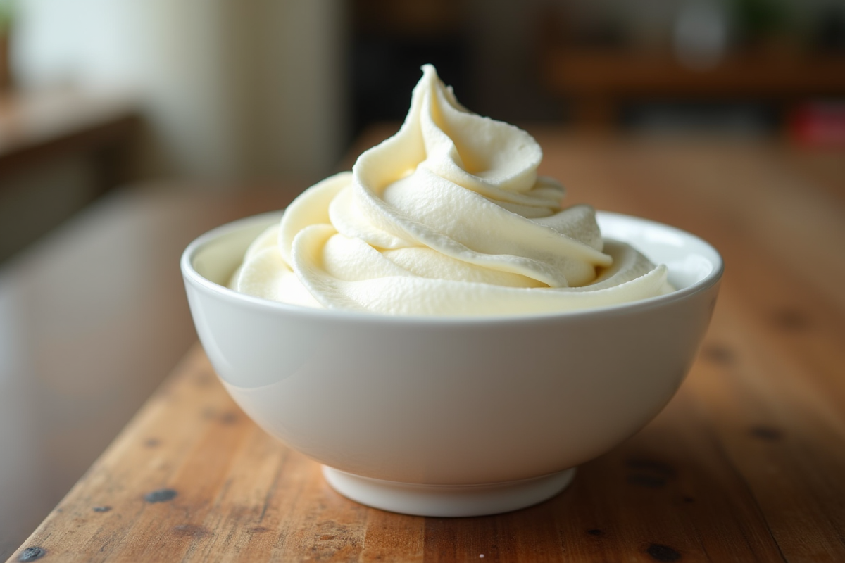 Crème fouettée fraîche dans un bol sur une table en bois rustique