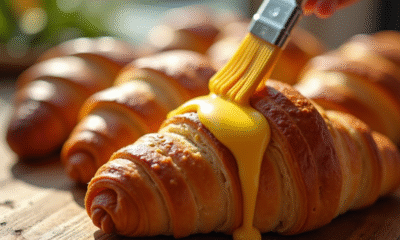 Croissants dorés being brushed with butter sur une table en bois