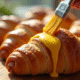 Croissants dorés being brushed with butter sur une table en bois