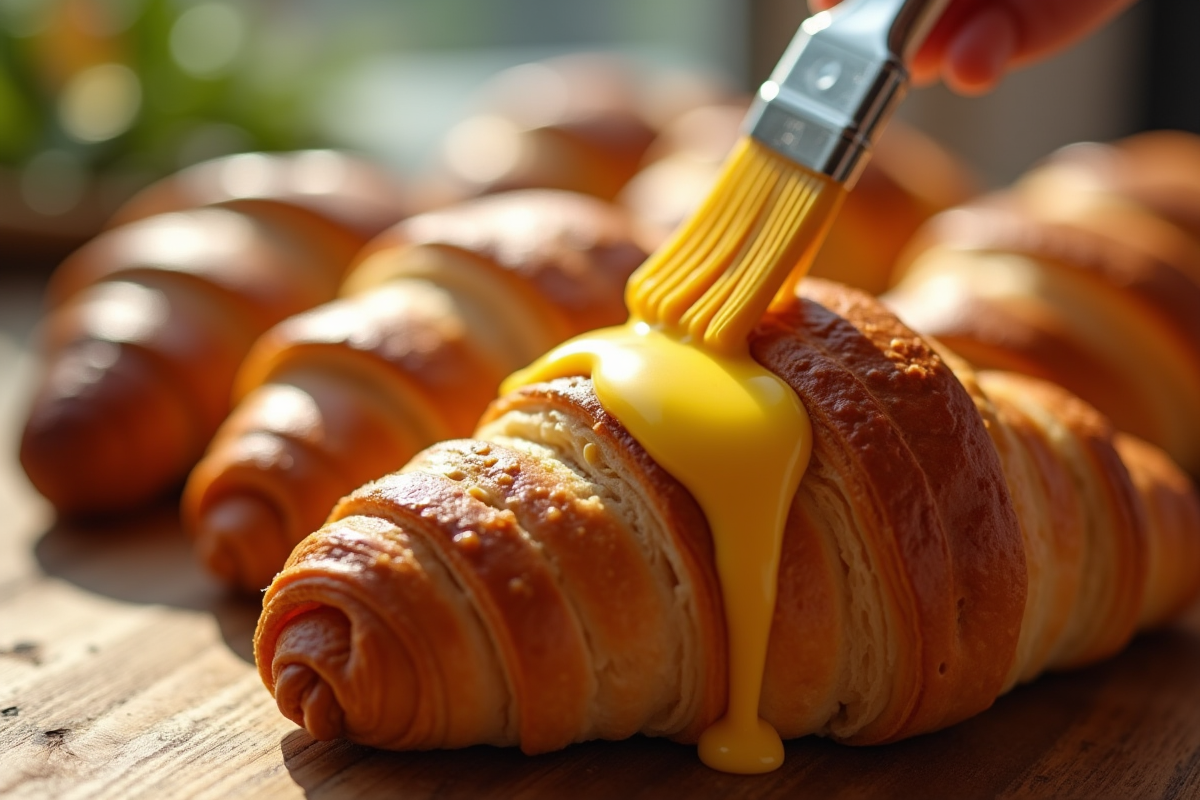 Croissants dorés being brushed with butter sur une table en bois