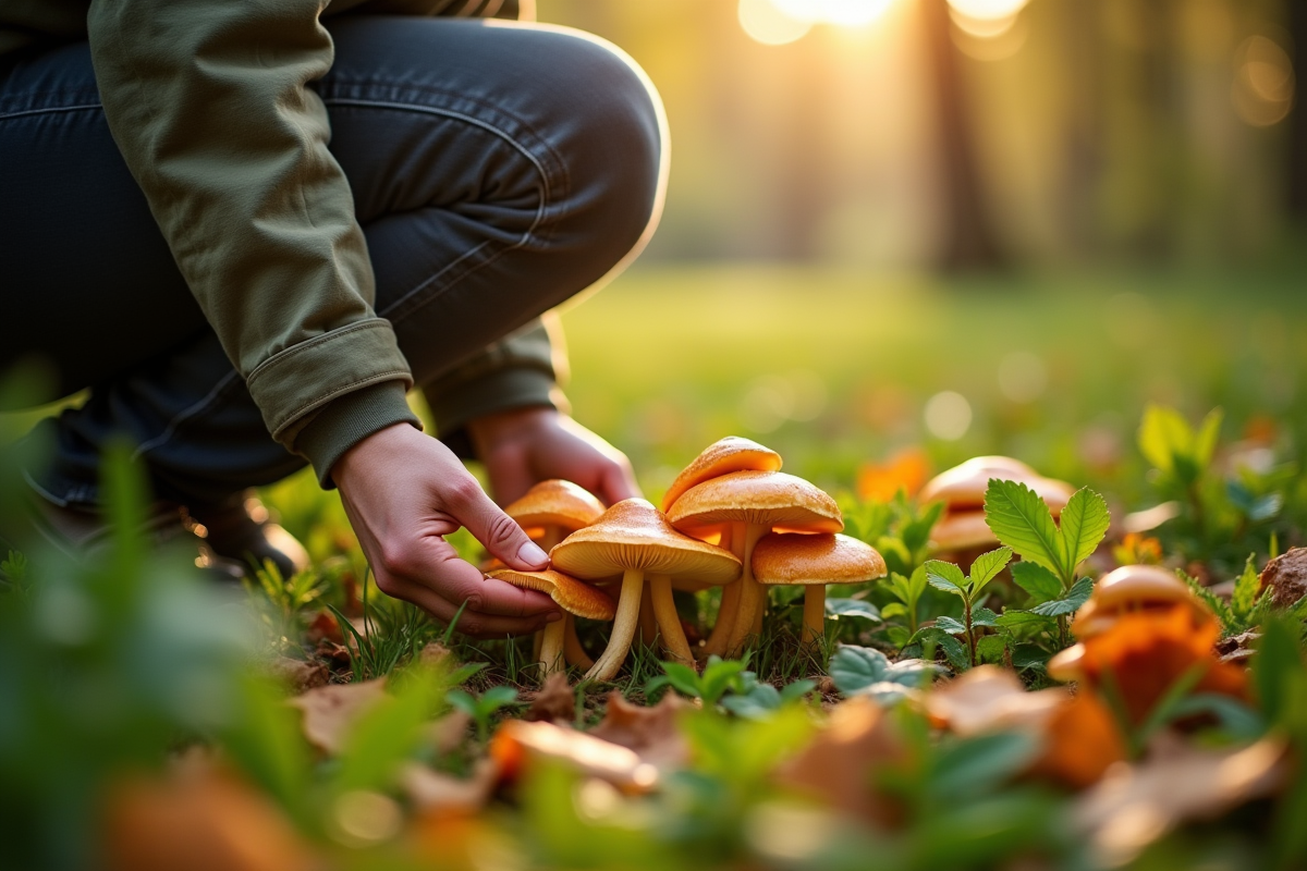 Personne cueillant des girolles dans un jardin ensoleille