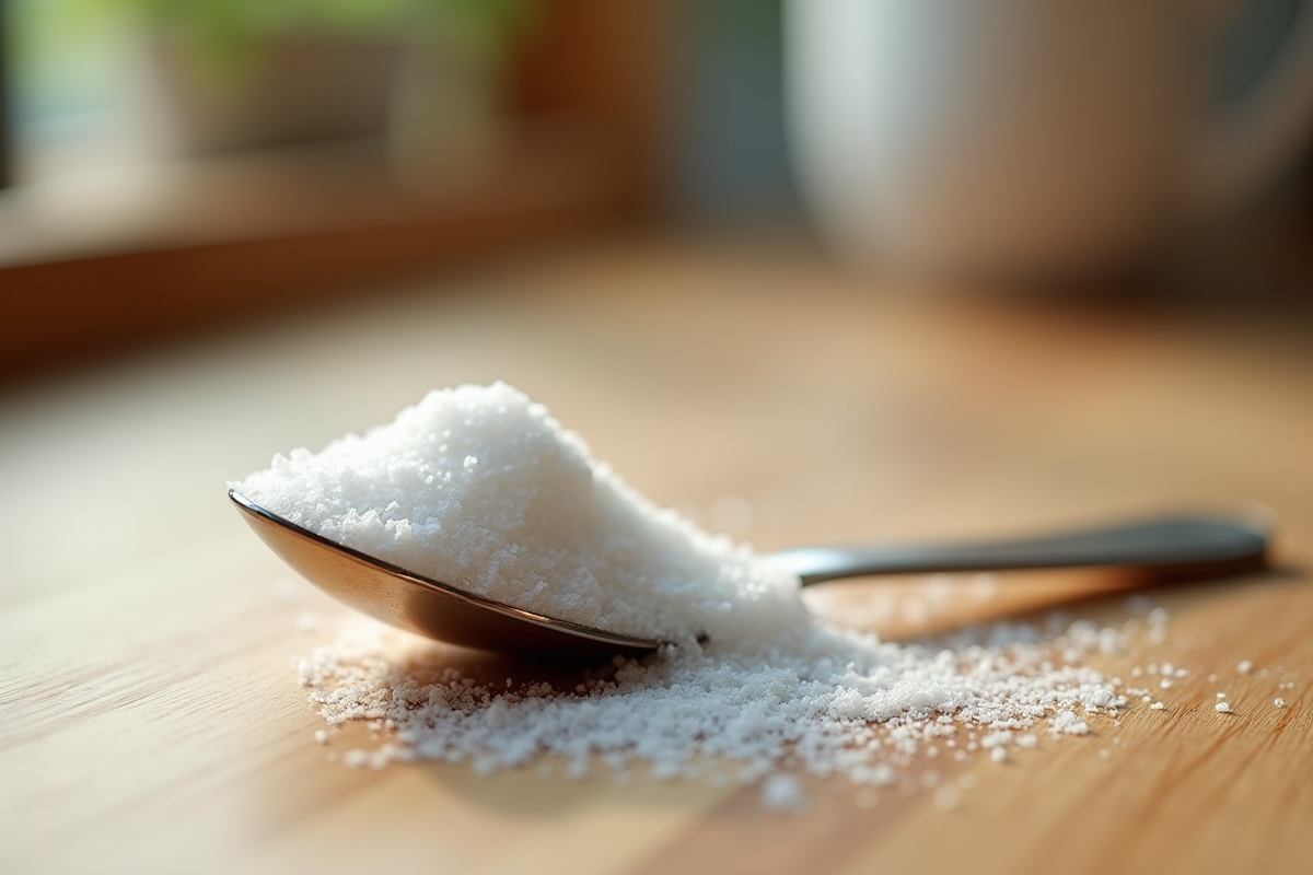 Cuiller en metal brillant remplie de sucre blanc fin