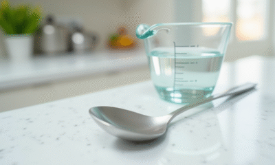 Cuillère en inox avec eau sur plan de cuisine blanc