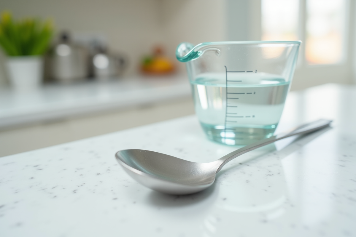 Cuillère en inox avec eau sur plan de cuisine blanc