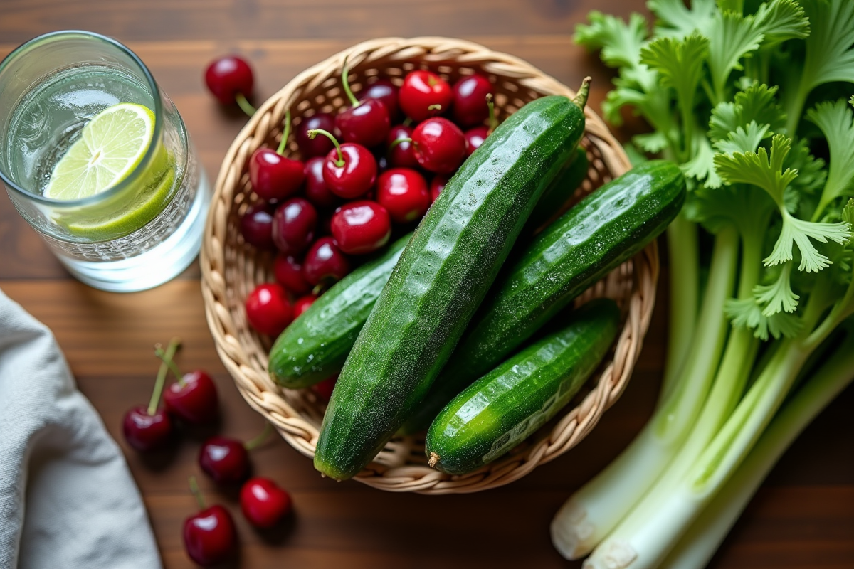Plan de travail en bois avec concombre cerises et eau gazeuse