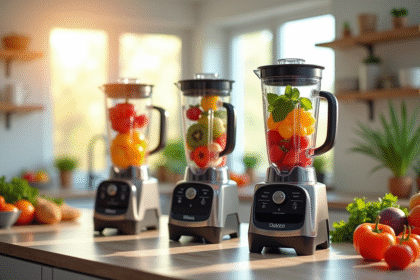 Plan de comptoir moderne avec trois blenders haut de gamme et fruits frais