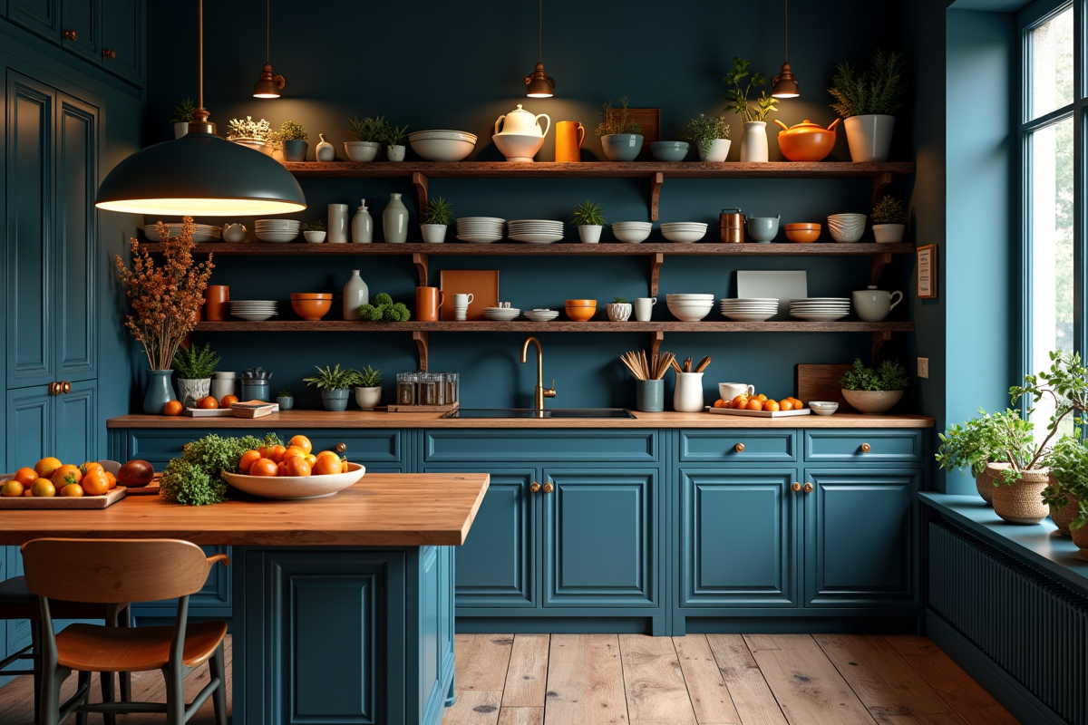 Cuisine chaleureuse avec murs bleu marine et étagères colorées