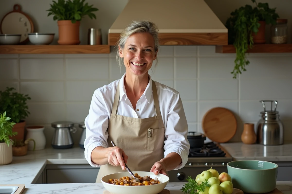 Femme souriante en cuisine avec veau blanquette