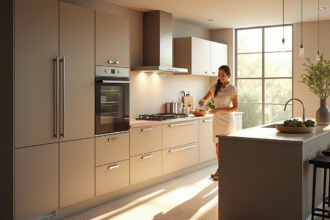 Cuisine moderne avec meubles beige et taupe lumineuse