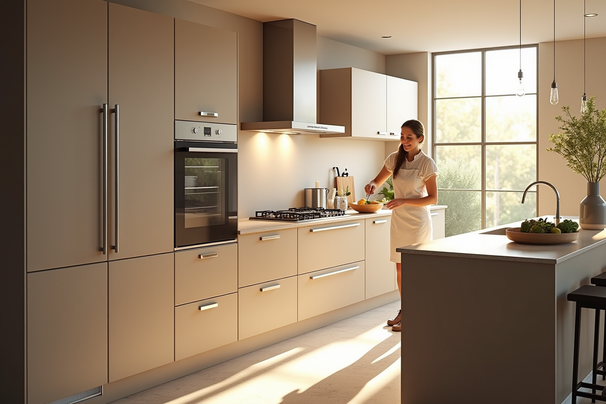 Cuisine moderne avec meubles beige et taupe lumineuse