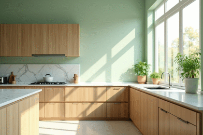 Cuisine moderne avec murs sage vert et comptoirs en marbre