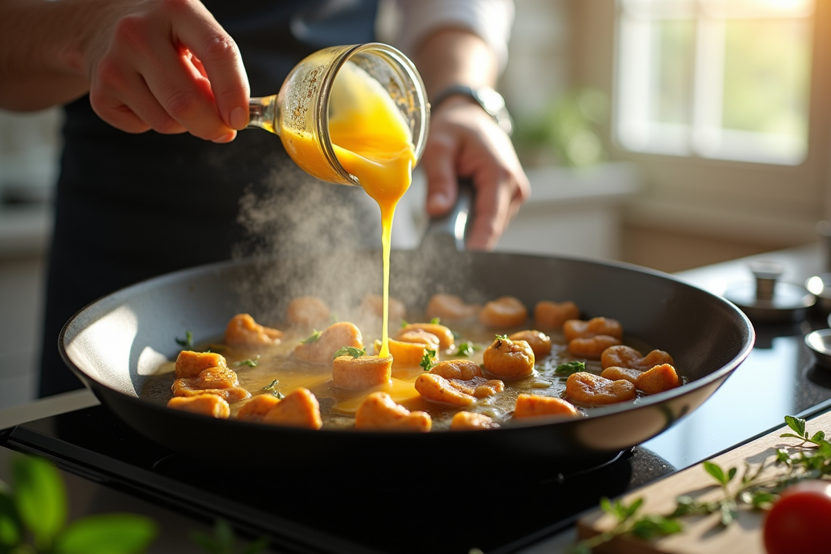 Cuisinier versant des œufs battus dans une poêle avec des girolles sautées