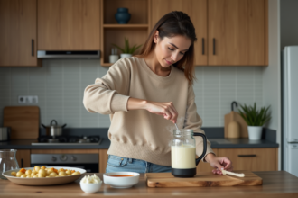 Femme verser soupe chaude dans un blender dans une cuisine moderne