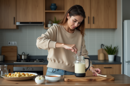 Femme verser soupe chaude dans un blender dans une cuisine moderne