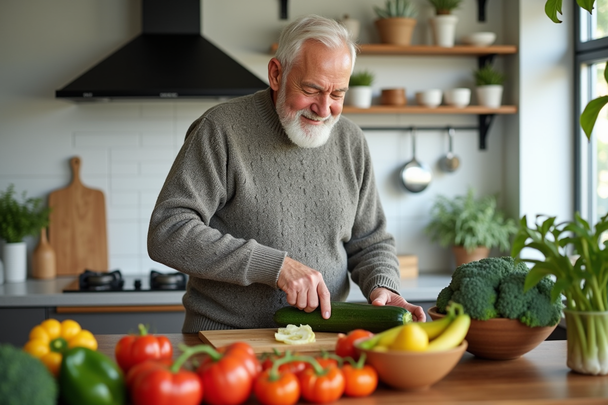 Homme préparant des légumes frais dans la cuisine moderne