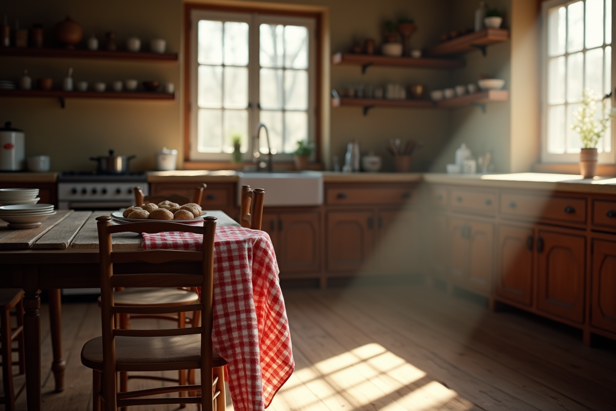 Cuisine vintage en bois avec un tablier à carreaux sur une chaise rustique