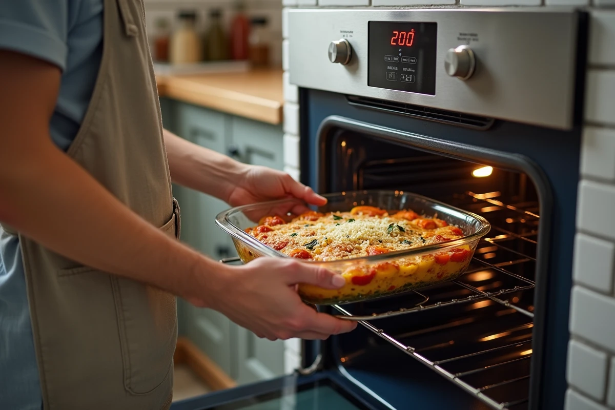 Cuisinier à domicile enfournant un gratin de légumes dans un four préchauffé à 200 degrés Celsius