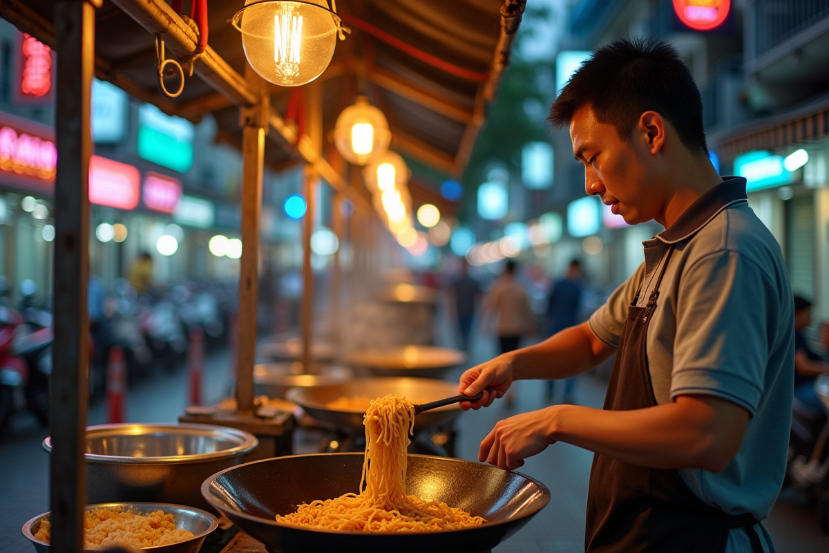 Jeune homme thaïlandais cuisinant des nouilles dans un wok
