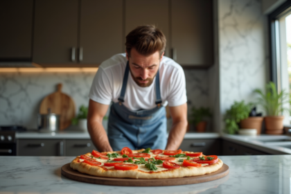 Homme d'âge moyen devant une pizza en préparation dans une cuisine moderne