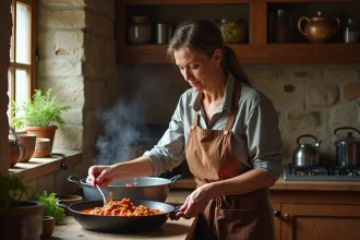 Femme cuisinant un goulash dans une cuisine rustique