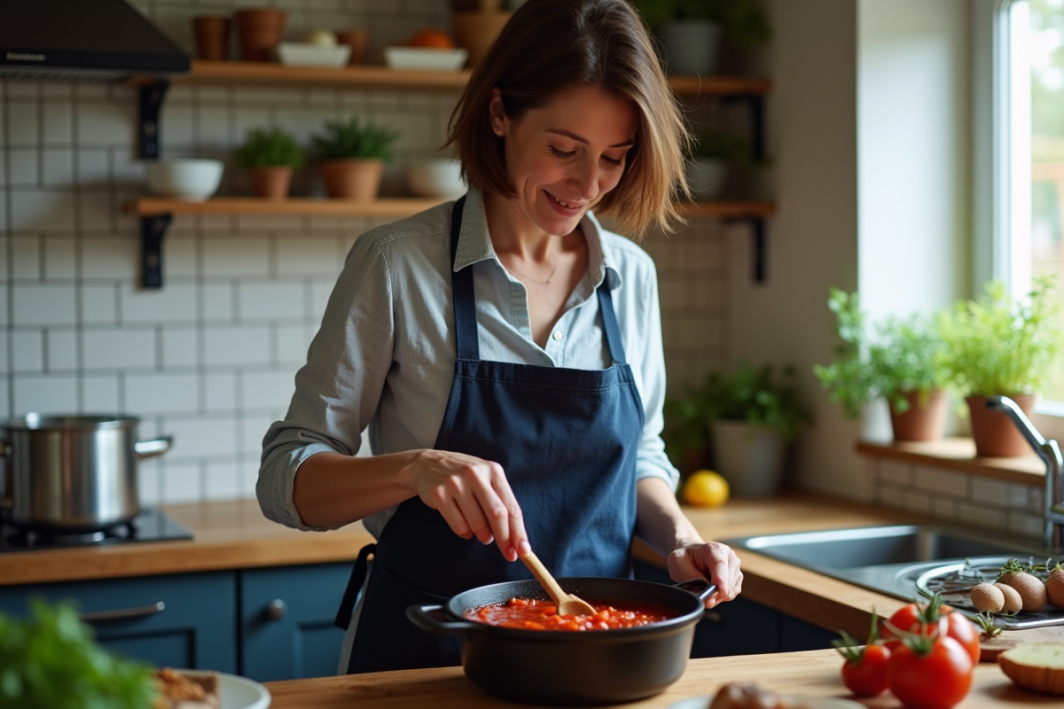 Femme cuisinant une sauce tomate dans une cuisine chaleureuse