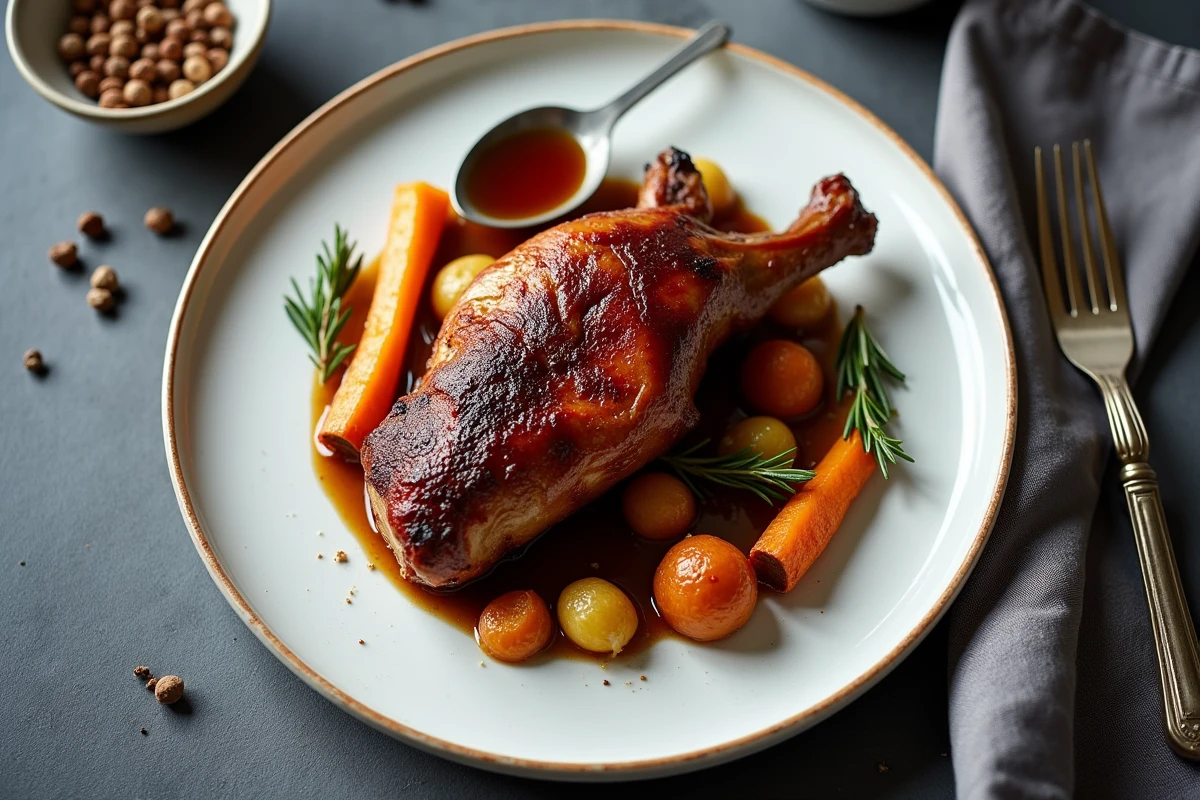 Cuisse de canard cuite en cocotte dressée sur assiette blanche avec jus de cuisson et légumes racines rôtis