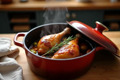 Cuisses de canard mijotées en cocotte en fonte avec légumes et thym, peau dorée et jus de cuisson brillant
