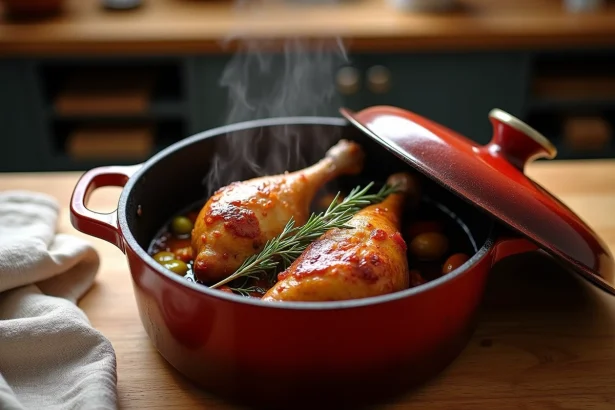 Cuisses de canard mijotées en cocotte en fonte avec légumes et thym, peau dorée et jus de cuisson brillant