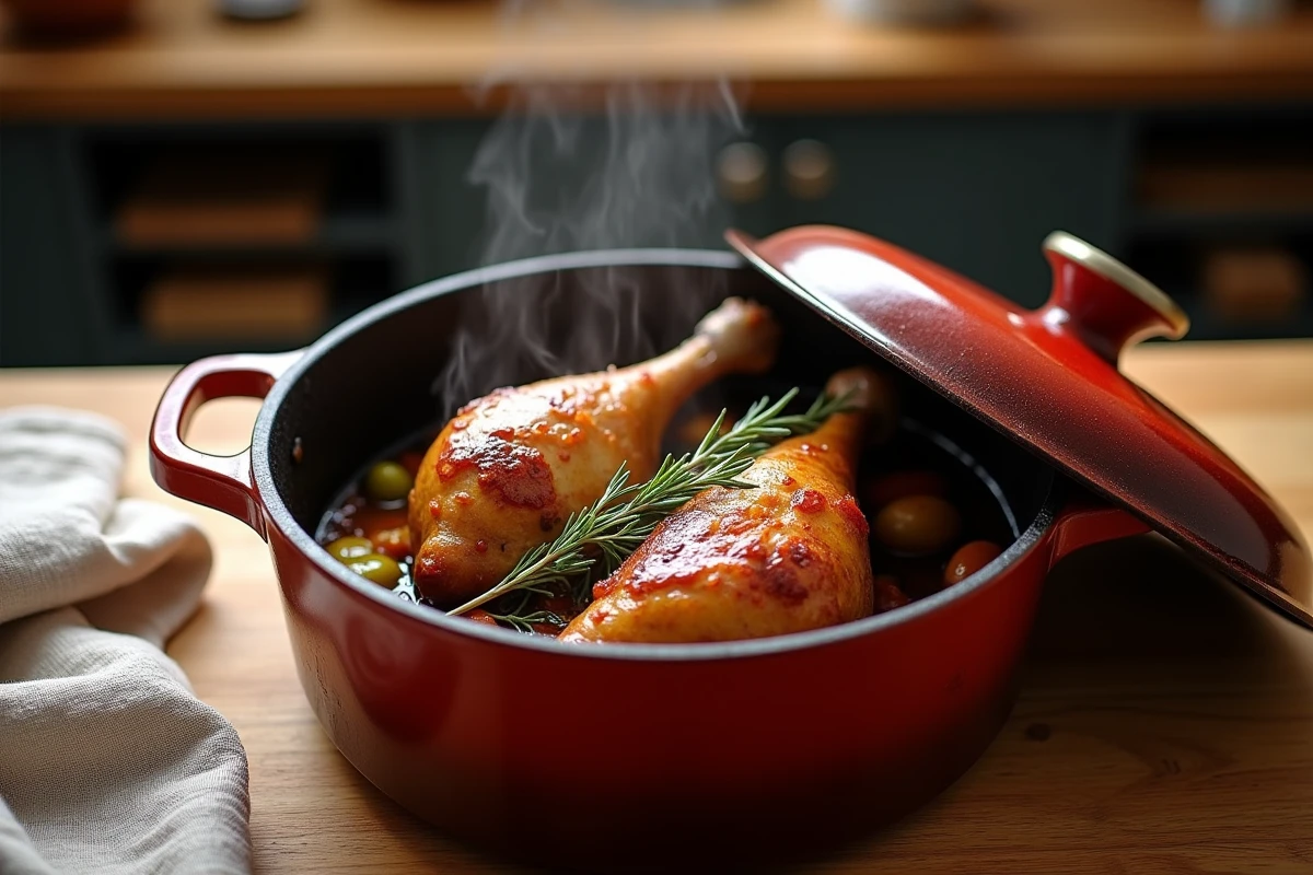 Cuisses de canard mijotées en cocotte en fonte avec légumes et thym, peau dorée et jus de cuisson brillant