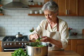 Femme préparant des haricots verts frais dans une cocotte-minute sur une cuisinière à gaz dans une cuisine moderne