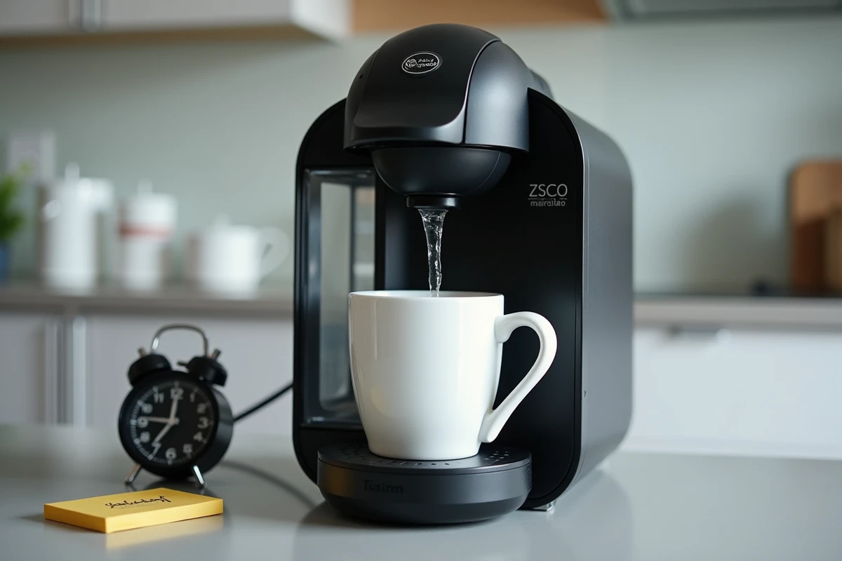 Machine Tassimo Bosch en cycle de détartrage sans pastille avec dépôts calcaires visibles et bol récupérateur d'eau